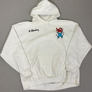 Keith Haring Hoodie White Dancing Figures Pop Art Pullover Sweatshirt Small